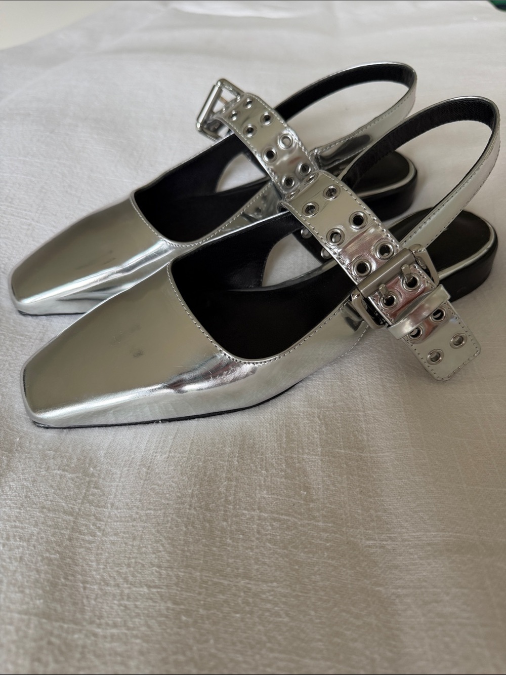 Rag & Bone Metallic Silver Square-Toe Slingback Mules with Grommet Strap - Picture 6 of 6